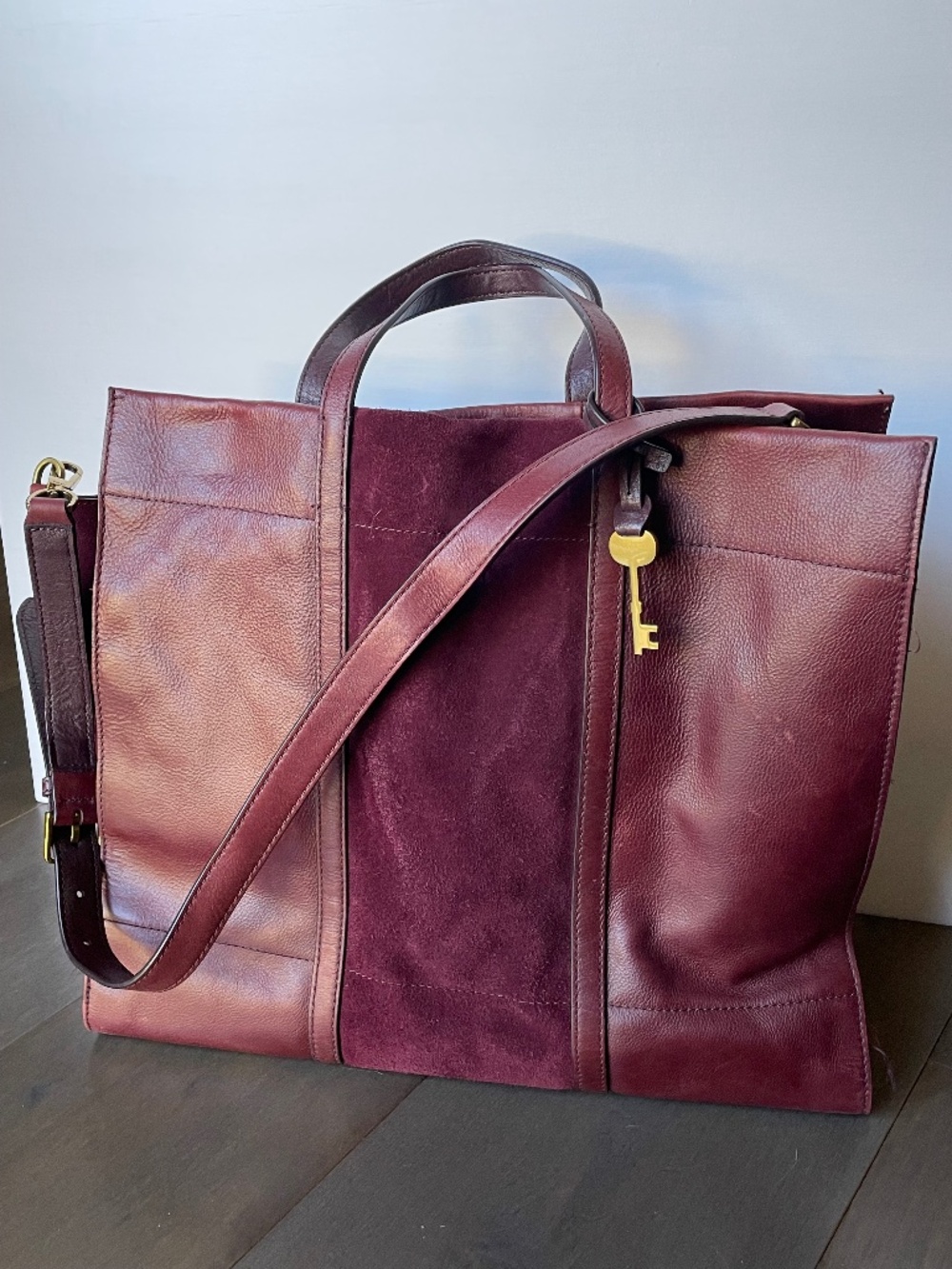 Fossil Leather and Suede Burgundy Tote Bag